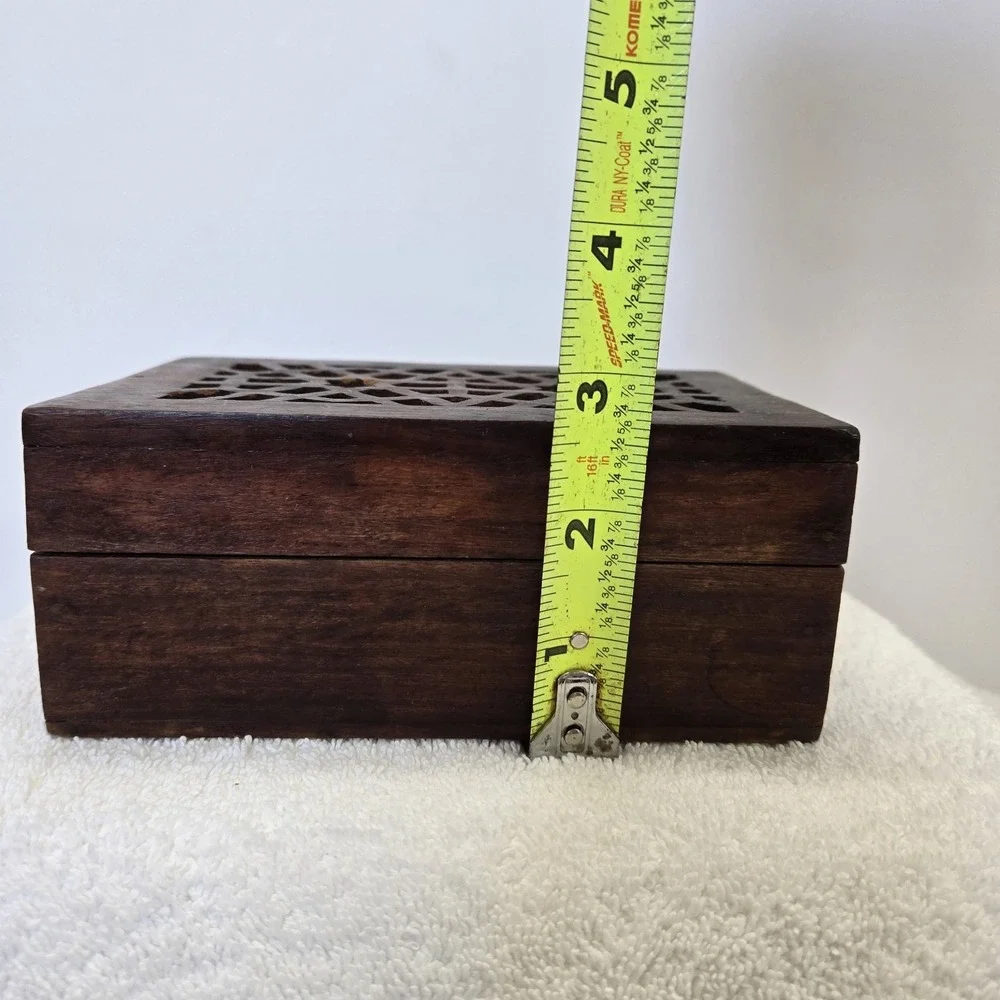 Vtg Hand Carved Wooden Trinket Box Lidded Intricate Geometric Boho Hippiecore